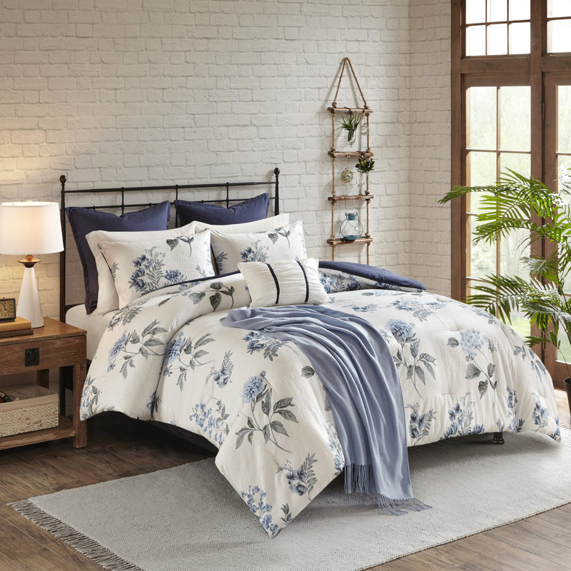 Édredon avec jeté, double / grand, imprimé en tissu gaufré bleu, caractéristique de 7 pièces