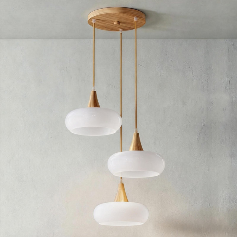 Luminaire suspendu moderne en dôme en bois avec longueur de suspension réglable et abat-jour en verre 3 lumières orange