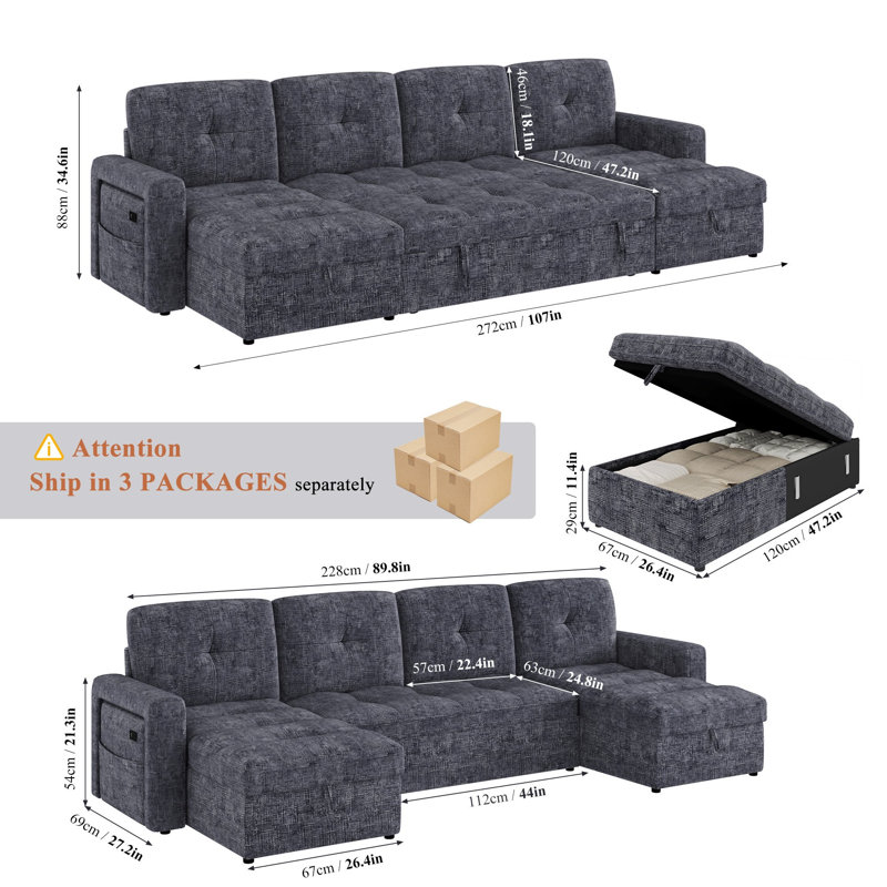 Large Sleeper Sofa Bed With Adjustable Backrest & Led Lights, U-shaped Sofa With Storage Chaise & Charging Port, Gray