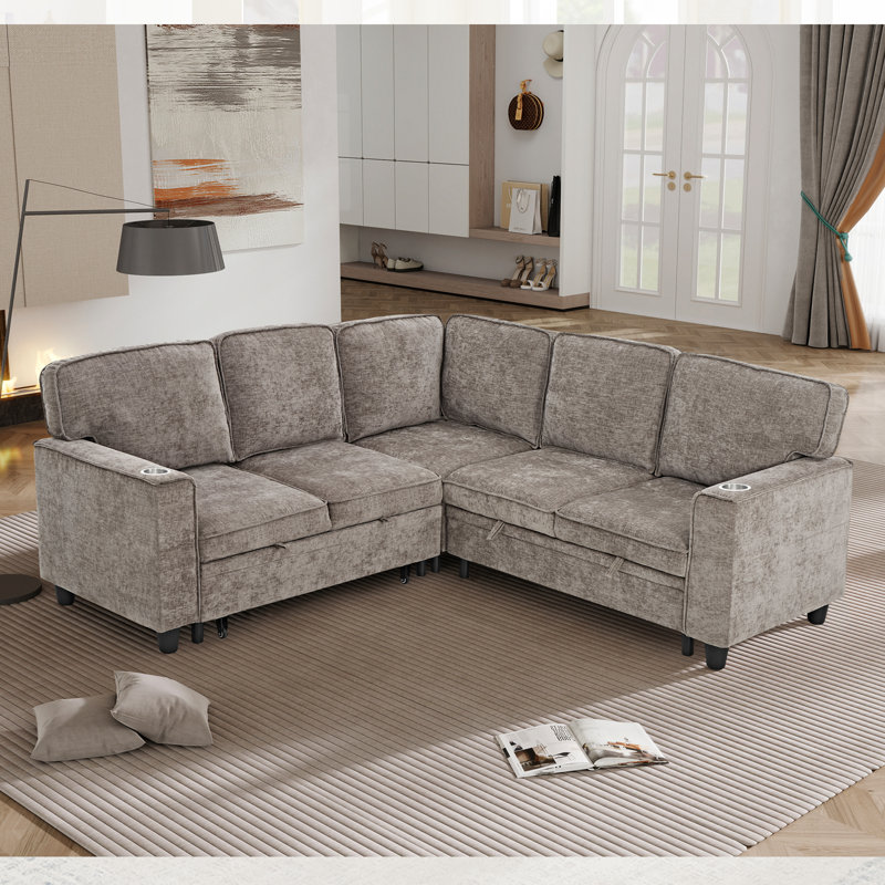 81" L-Shaped Upholstered Chenille Pull Out Sofa Bed Sectional with Underseat Storage & USB Ports, Light Brown Chenille