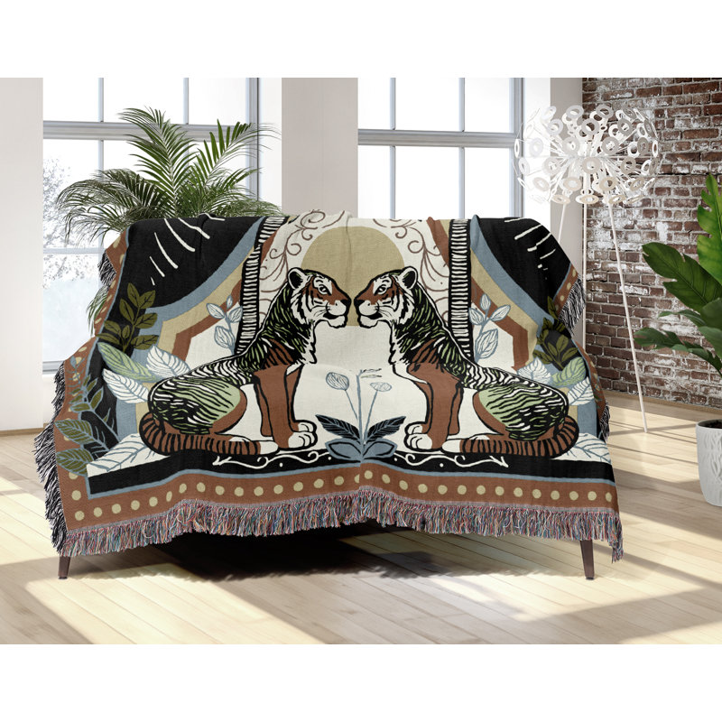 Jeté en mélange de coton Faya Tiger, L 80 po x l 60 po, Noir / brun