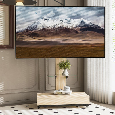 TV Stand With Push-Pull Drawer For Living Room, Bedroom,Offices,Adjustable Height Mobile TV Cart For 32-75 Inches,Wood &Glass TV Stand With Wheels,Natural
