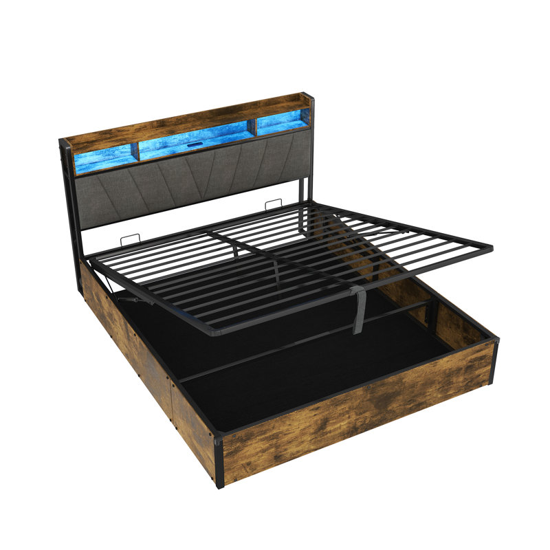 Storage Bed With Led And Usb Industrial Style, 136 x 205 cm