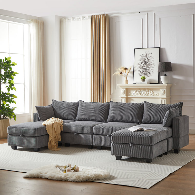 Modular Convertible Corduroy Sofa,U Shaped Sectional Couch with Storage Ottoman and Chaise, Gray Corduroy