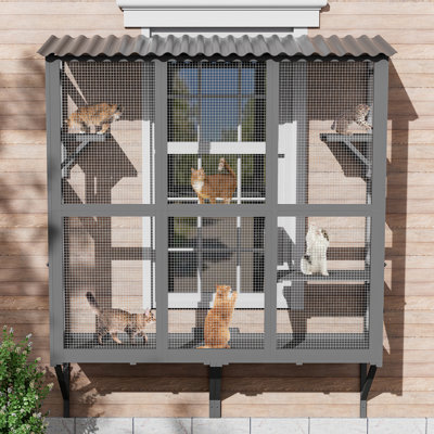 Catio Large Cat Window Box, Wooden Cat Window Perch Enclosure W/4 Platform & 3 Door For Sunbathing, Overlooking, Expandable Cats Window Box With Tunnel Connection, All Weather Use
