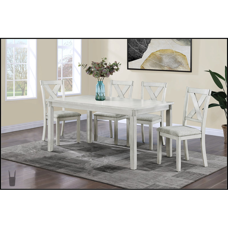 Ensemble de salle à manger rustique de style rustique 5 pièces avec table rectangulaire et chaises rembourrées d'aspect lin, finition bois de grève