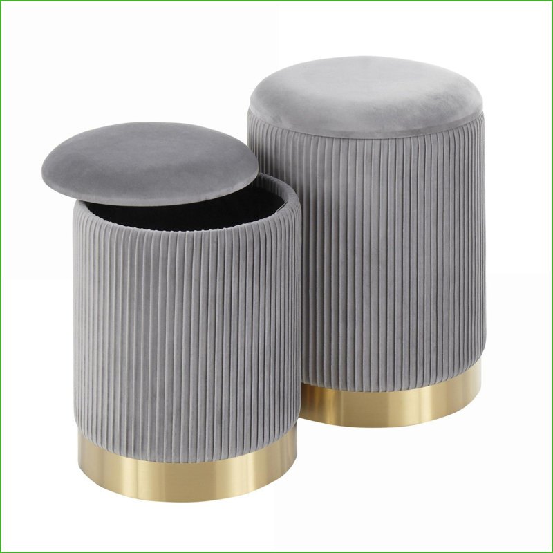 Ottomans for Living Room, Contemporary Nesting Set, Pleated Gray Velvet with Gold Metal Base | Gold | Metal, Gray