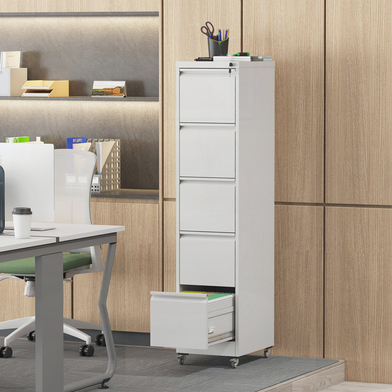 5 Drawer Metal Vertical File Cabinet with Lock on Wheels for Home Office,Heavy Duty Metal Storage Cabinet for A4/Letter/Legal Size Files