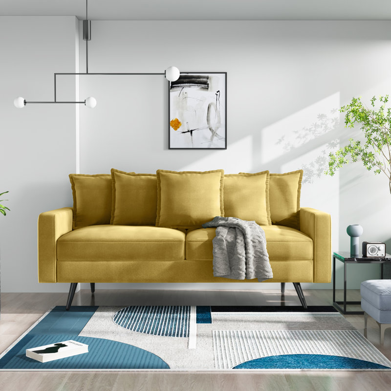 70" Velvet Square Arm Sofa, Goldenrod Velvet, Black