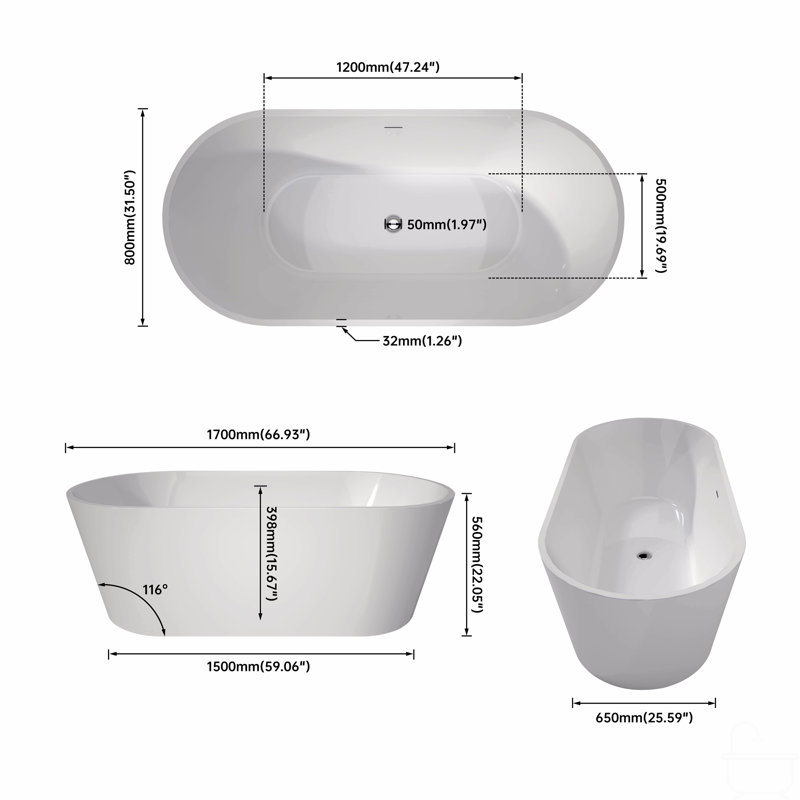 Baignoires autoportantes autoportantes en acrylique 67 po 67 po