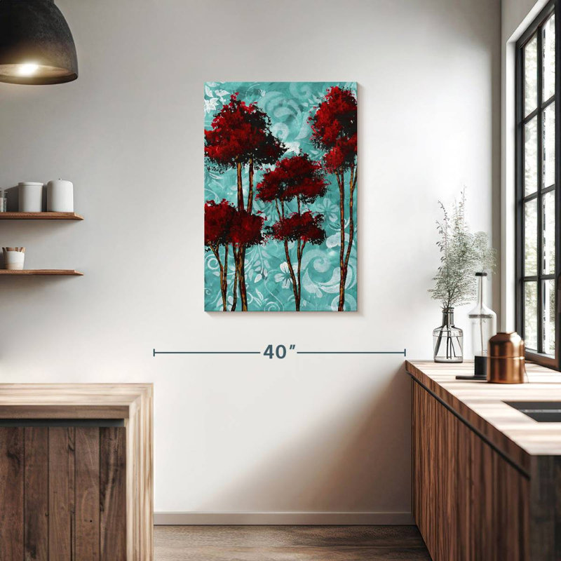 Harnek, fleurs turquoise et arbres rouges, H 36 po x l 24 po