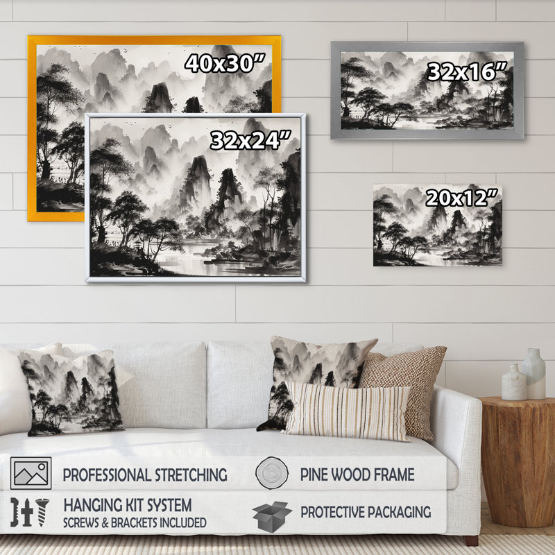 «Black and White Asia Mountains I», reproduction d'art sur toile, H 30 po x l 40 po x P 1,5 po, Encadrement doré