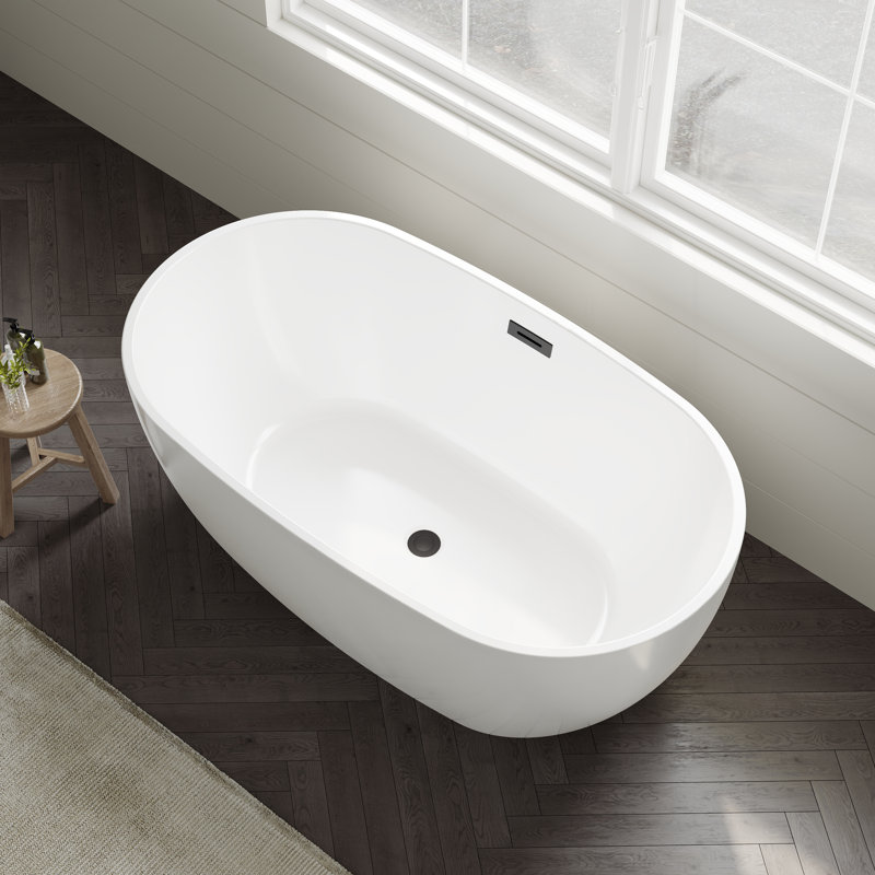 Baignoire autoportante blanche de 55 pouces avec bonde noire Juno et garniture de trop-plein Juno