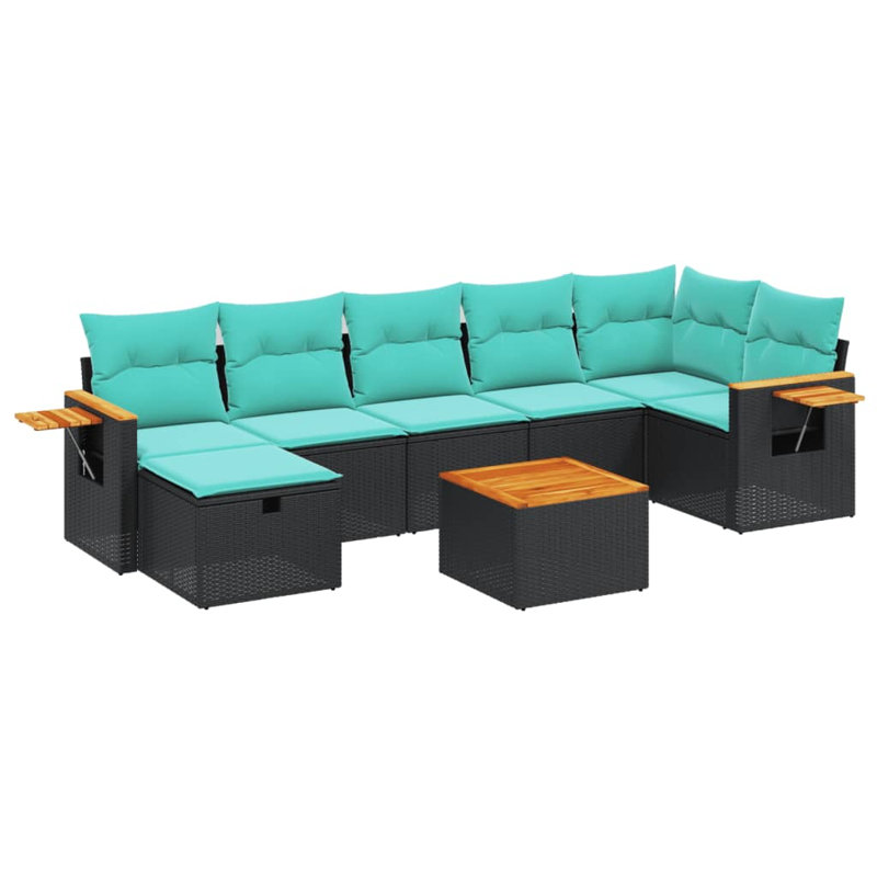Ensemble de canapé de patio 8 pièces avec coussins en rotin de polyester, Bleu clair, Noir