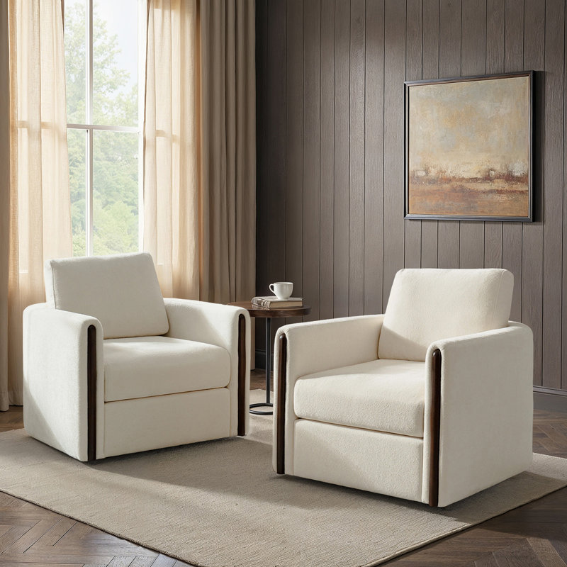 Nicha Modern Feather Blend Solid Wood Swivel Barrel Chair With Deep Seat Set Of 2, Beige