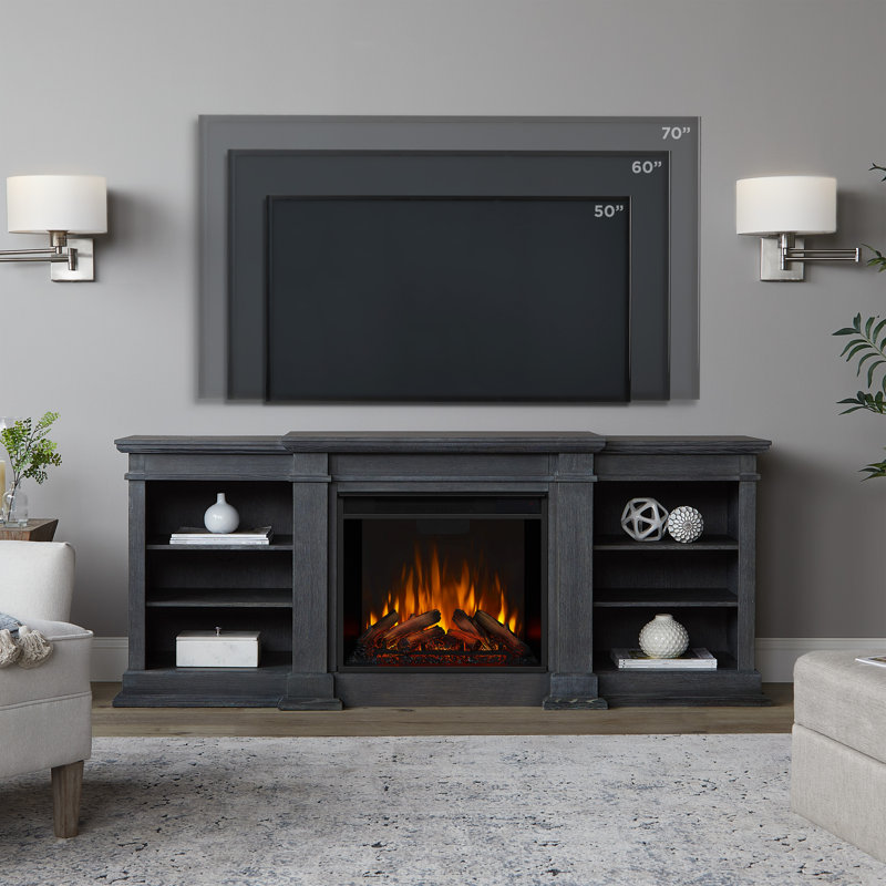 Antique Gray Wood TV Stand with Electric Fireplace