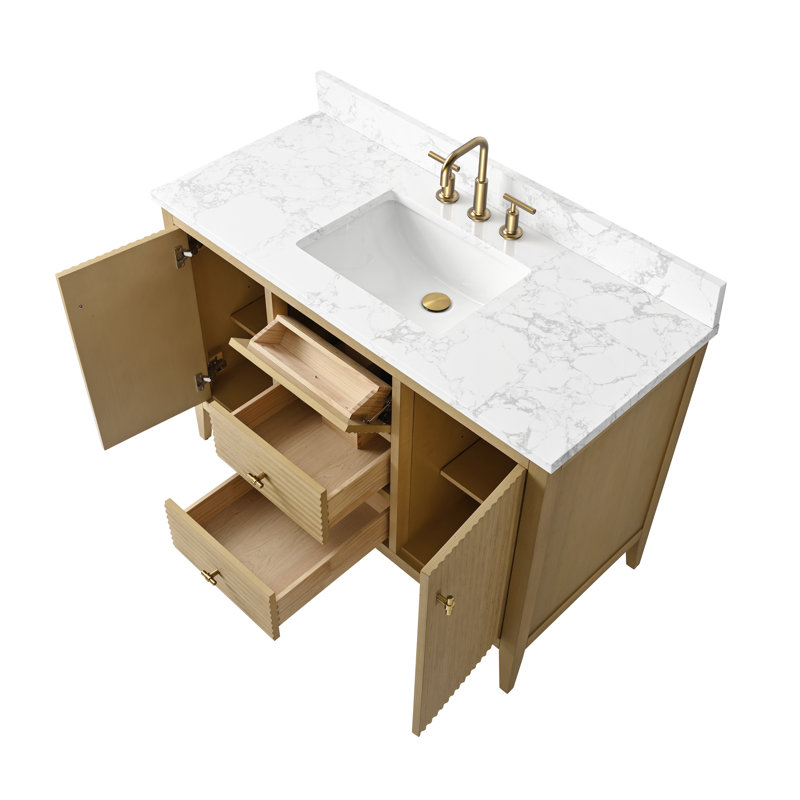Ensemble de meuble-lavabo autoportant à simple cuve 48 po avec plateau en marbre Lavallon, Chêne naturel linéaire