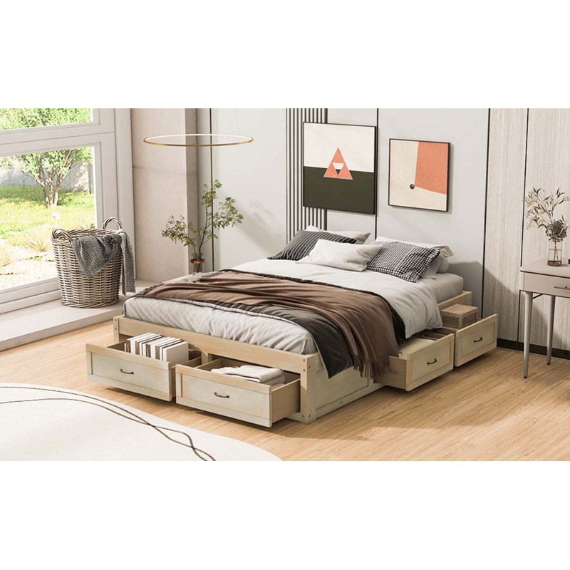 Lit plateforme avec 6 tiroirs de rangement, Grand lit, Naturel antique