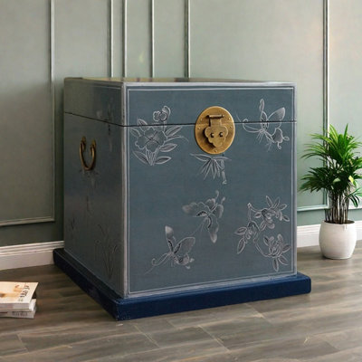 Small Blue Painted Simple Solid Wood Accent Trunk