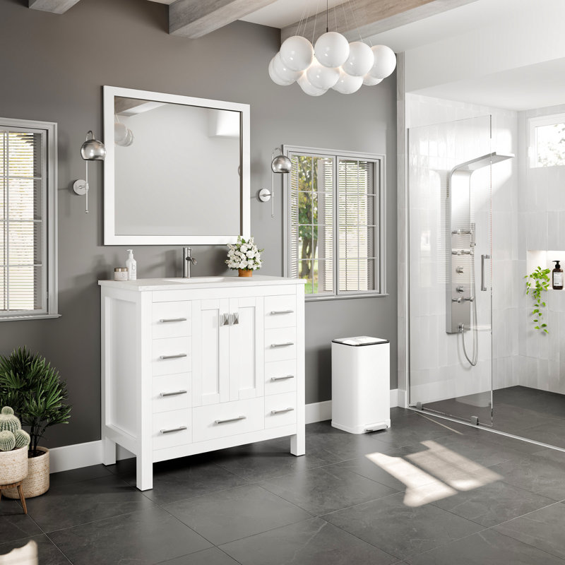 Ethyn 36"W x 18"D Bathroom Vanity with White Carrara Countertop and Undermount Porcelain Sink, Quartz - White Carrara, White