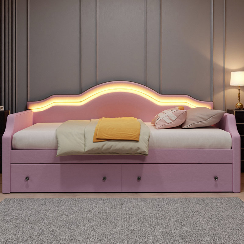 Lit de jour rembourré en velours avec dossier DEL et tiroirs de rangement Dreamy Elegant, Lit simple, Rose