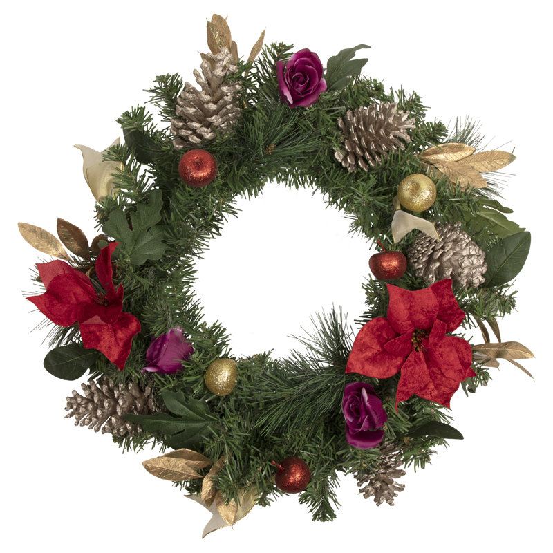 Couronne de Noël artificielle décorée rouge poinsettia et rose non éclairée 24 pouces