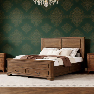 Grand lit de style campagnard avec tête de lit et banc de rangement avec 2 grands tiroirs, lit en bois de pin avec cadre de lit renforcé, noyer