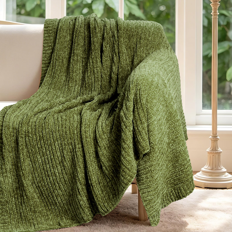 Soft Plush Lightweight Reversible Chenille Throw Blanket, Olive Green