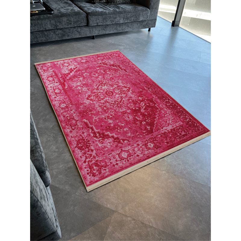 Tapis décoratif frangé à motif rose à motif traditionnel, Rectangle 5 pi 1,02 po x 7 pi 6,55 po