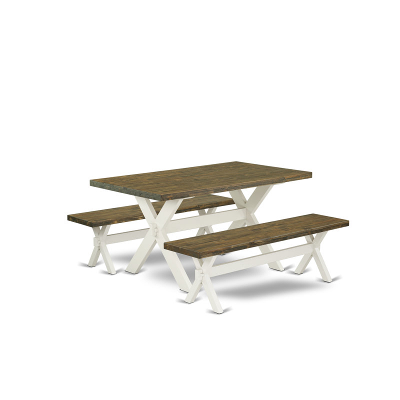 3 Piece Dining Set Contains a Rectangle Dining Room Table with X-Legs and 2 Kitchen Table Bench, linen white, Linen White