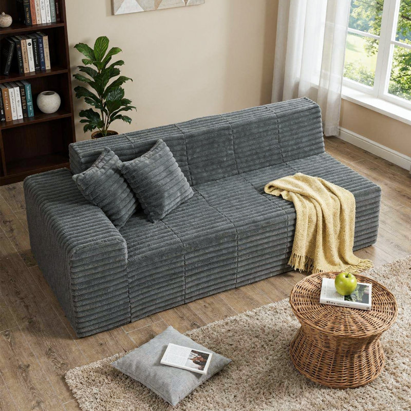 Boneless Upholstered Faux Rabbit Fur Flannel Sofa With Pillows - All Foam Compressed And No-Assembly Modular Design, Gray