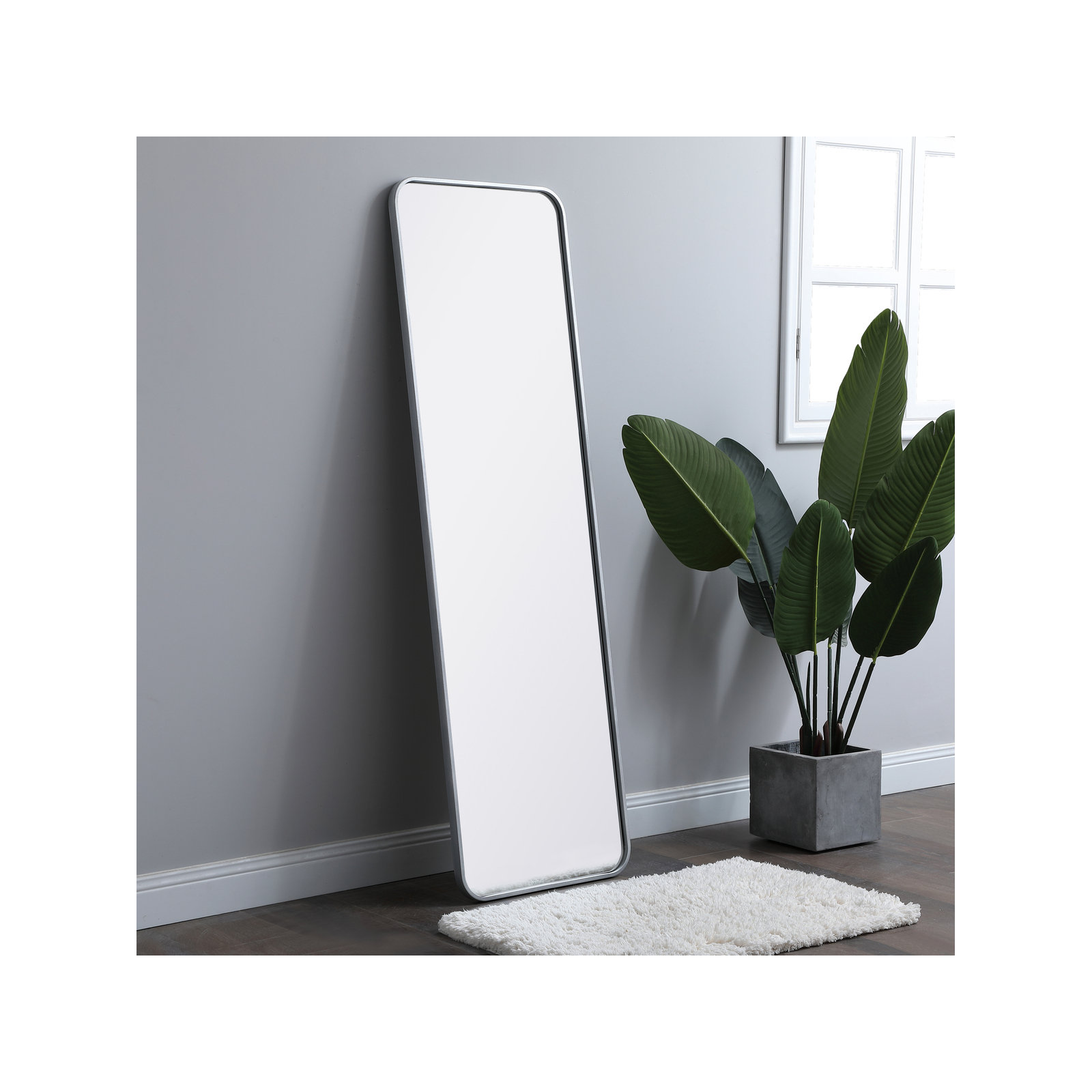 Sabine Metal Rounded Rectangle Wall Mirror, Silver, 60" x 18"