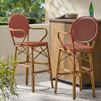 Ensemble de 2 tabourets de bar d'extérieur en osier et aluminium 29,5 po, rouge, finition bambou