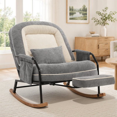 Oversized Nursery Rocking Chair with Retractable Footrest, Plush Faux Fur Upholstered Rocker with 4-Position Adjustable Backrest, Lumbar Pillow & Side by George Oliver