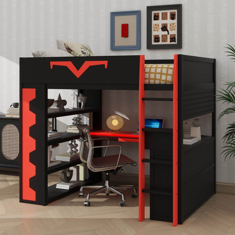 Full-Size Gaming Loft Bed With Built-In Desk & LED Lighting, Pro-Gamer Bed With Power Outlet, Spacious Bookshelf, Pegboard, Keyboard Tray & Storage Drawer