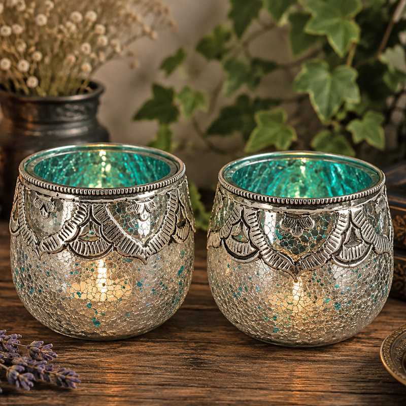2 Piece Glass Tabletop Votive Holder Set, Turquoise