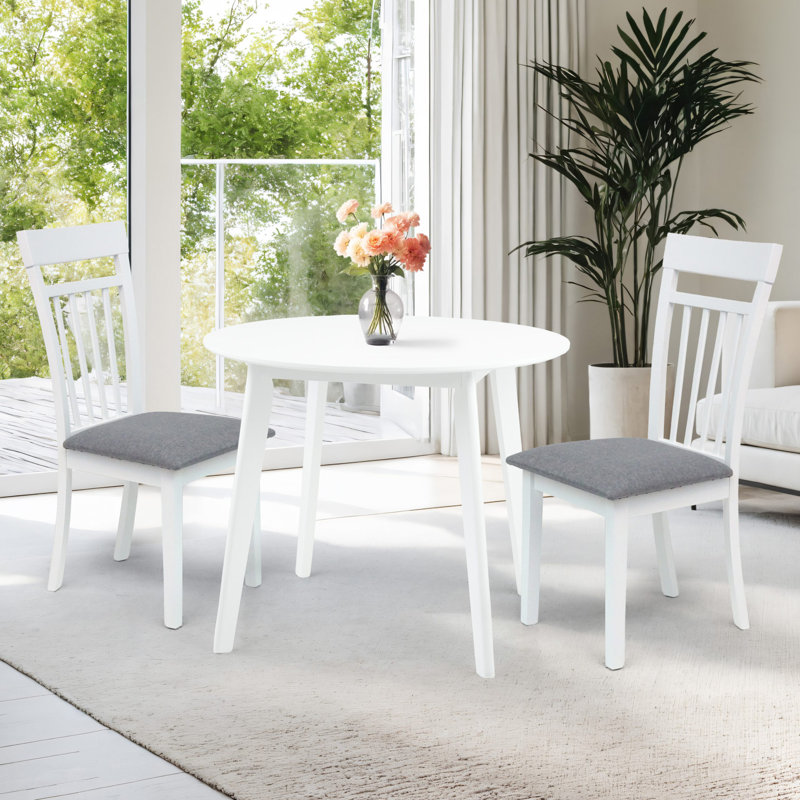 3 Piece Dining Table Set, 2 Classic Style Solid Wood Side Chairs with Round Dining Table, Kitchen Room Set w Grey Cushion