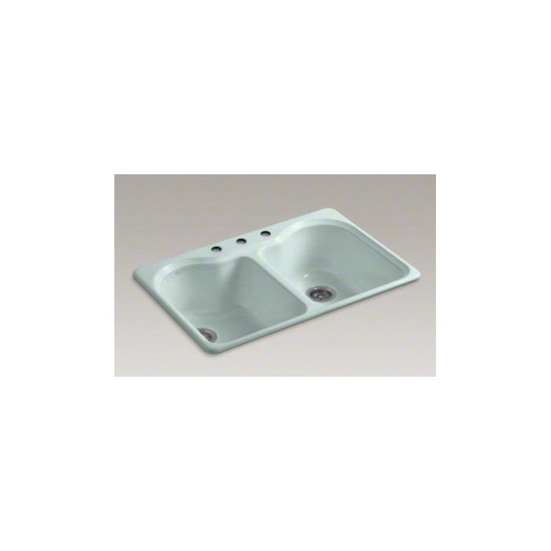 Hartland 33" L x 22" W x 9-5/8" Double Basin Drop-In Kitchen Sink, Frost, 3 Hole