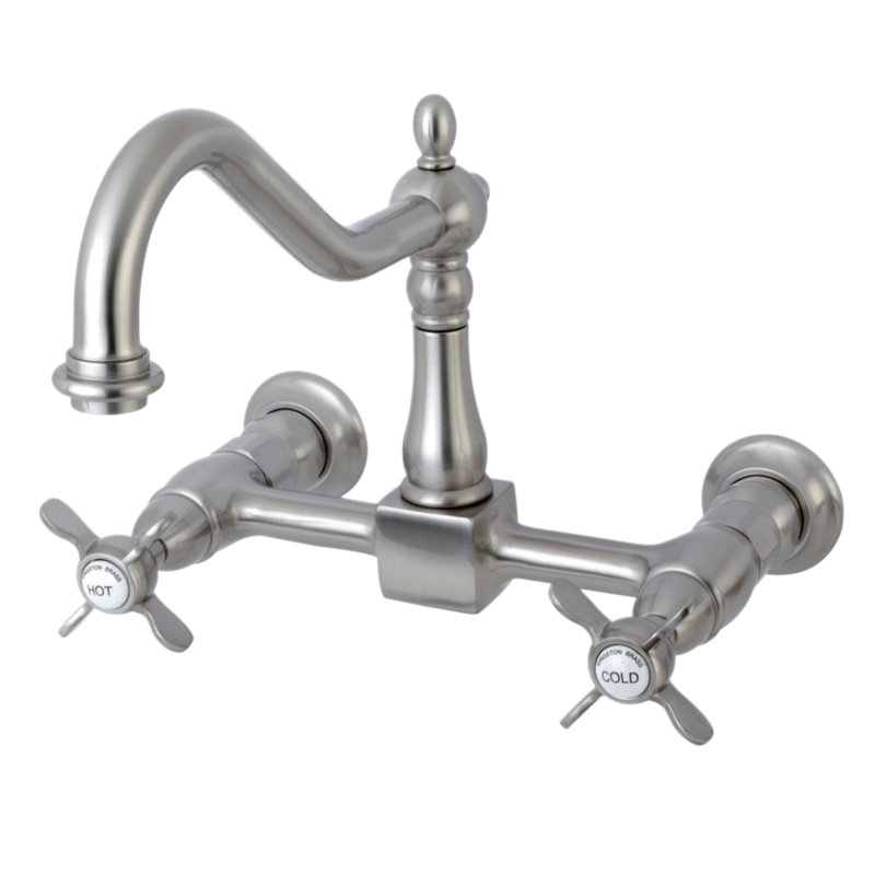 Kingston Brass Essex Double-Handle Wall-Mount Bridge Kitchen Faucet, Brushed Nickel, Without Side Spray, Cross