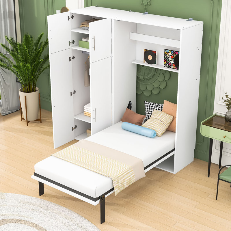 Murphy Bed with Wardrobes and Folding Mechanism, Convert into A Cabinet, White, Twin