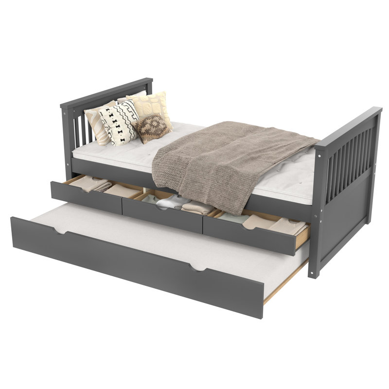 Lit plateforme simple avec tiroirs et lit gigogne, lit de jour en bois massif, sans sommier, gris, Gris