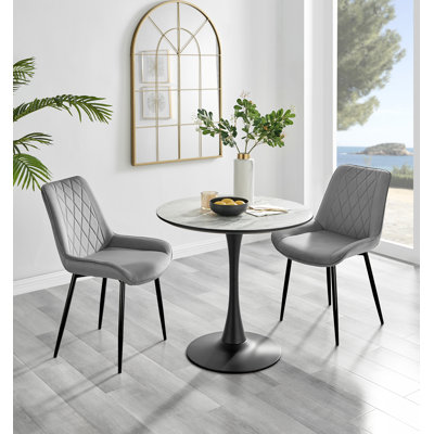 Ellis White Marble Effect Melamine Round Dining Table Set with 2 Luxury Velvet Dining Chairs