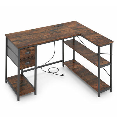 Bureau de jeu en L 48 pouces brun rustique avec prises de courant et 2 tiroirs pour le jeu