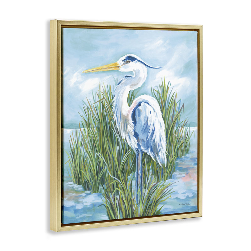 Cadre flottant Coastal Heron Bird, design par Diane Kater, H 21 po x l 17 po, Cadre flottant métallique doré