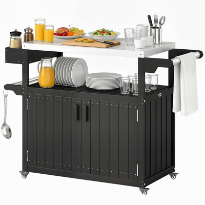Chariot-bar extérieur avec armoire de rangement, îlot de cuisine sur roulettes en acier inoxydable, table de bar extérieure en PEHD, table de préparation des boissons de patio mobile pour pique-nique au barbecue