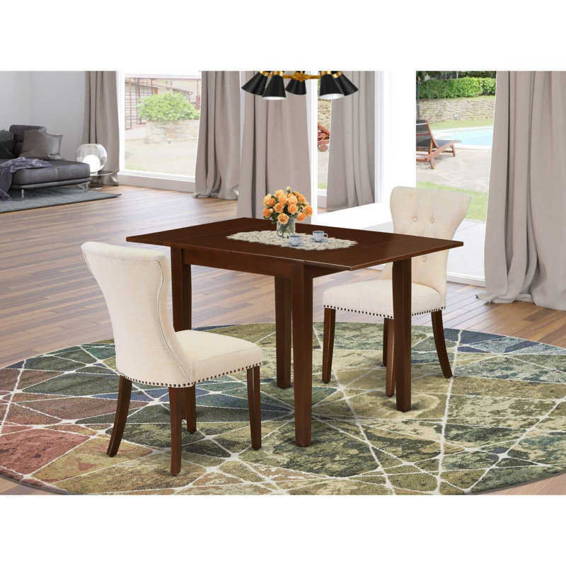 Ensemble de table de salle à manger rectangulaire en bois massif avec plateau Dropleaf, Acajou, 3 pièces: 1 table, 2 chaises