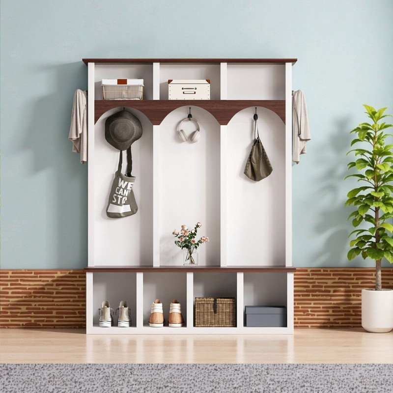 59'' Wide Wooden Hall Tree With Storage Bench 5-Hook Entryway Organizer And 7-Cubby Shoe Cabinet, White