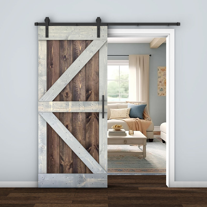 Porte de grange lambrissée peinte en bois et en métal, Noyer / gris, 36 po x 84 po