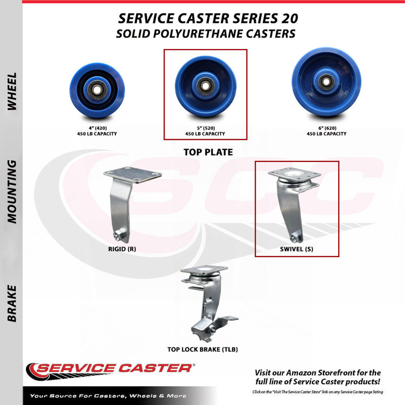 4 Piece Solid Polyurethane Swivel Caster Set with Roller Bearings 2 Brakes