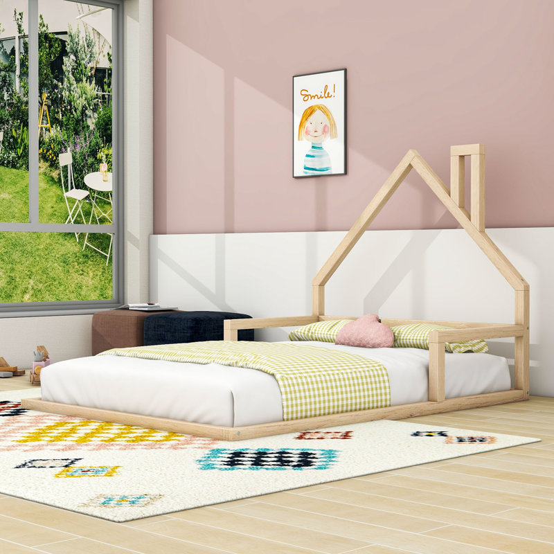 Wood Floor Bed With Headboard And Sturdy Slats, Natural, Full